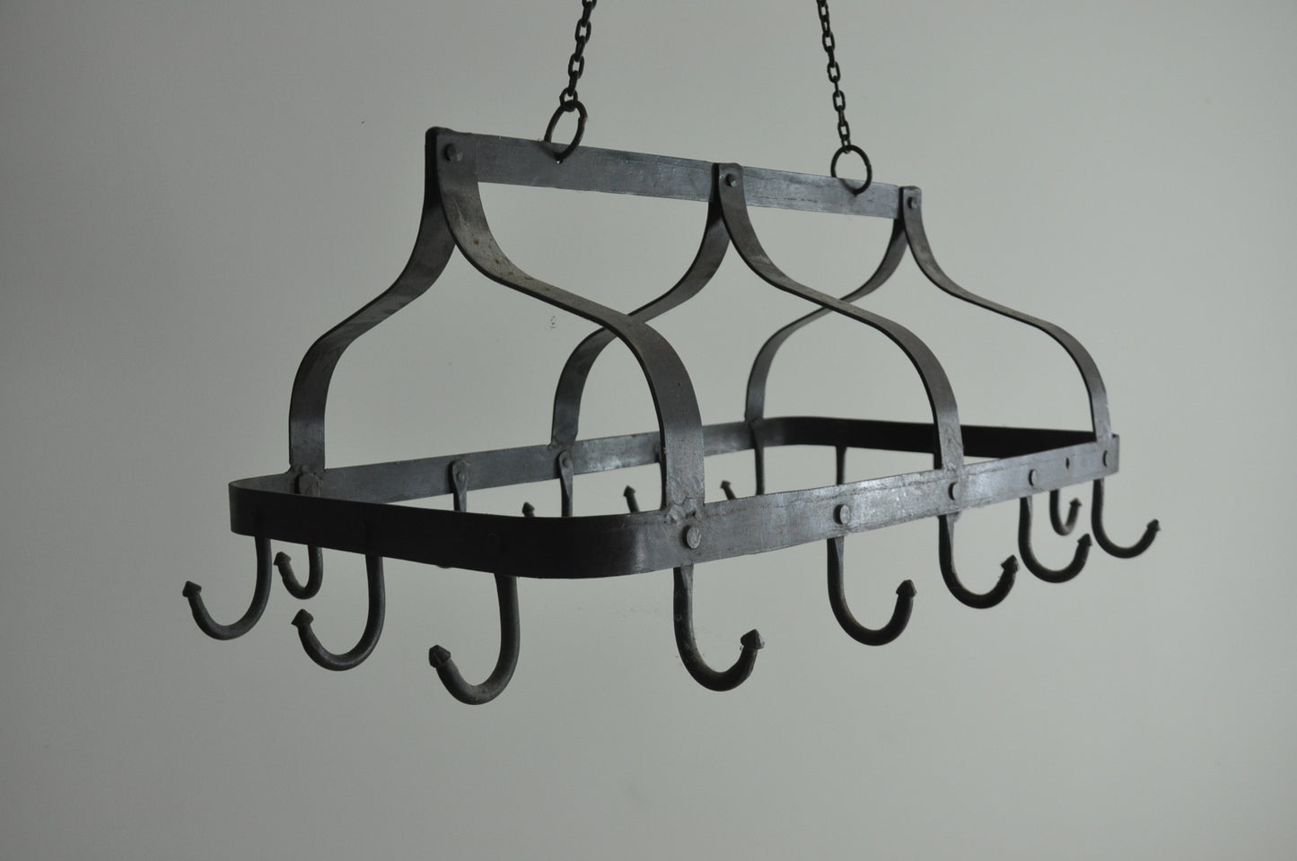 Old French metal hanging kitchen pan rack