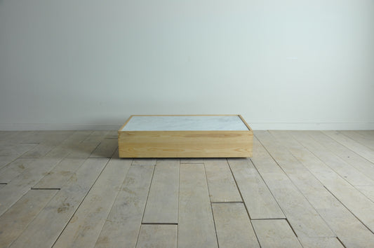 Rectangular low coffee table with Carrara marble top and pine base