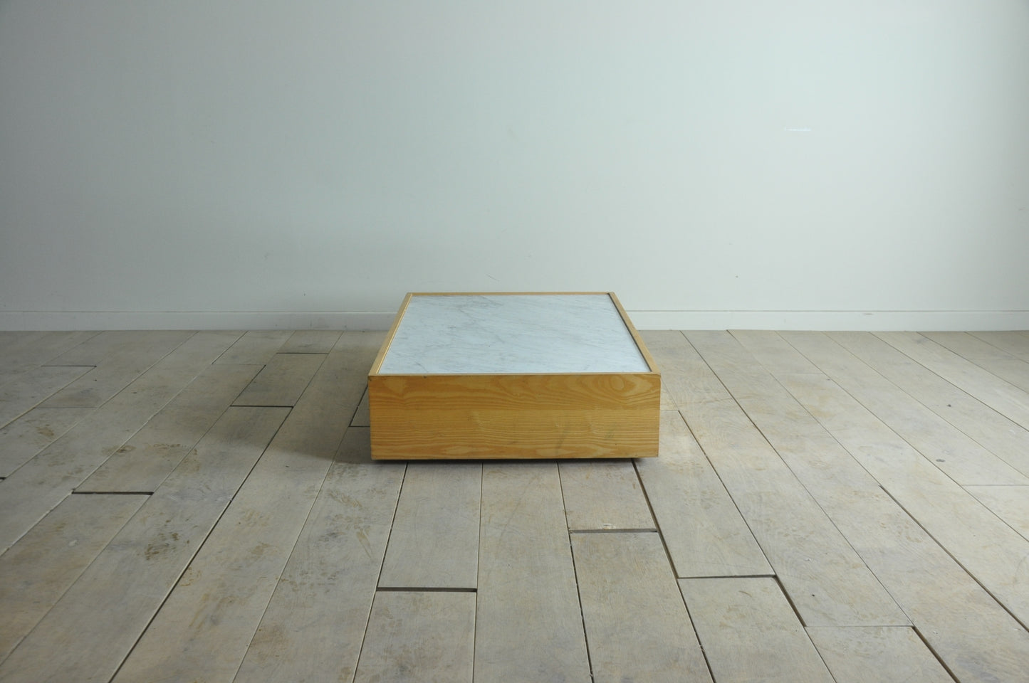 Rectangular low coffee table with Carrara marble top and pine base