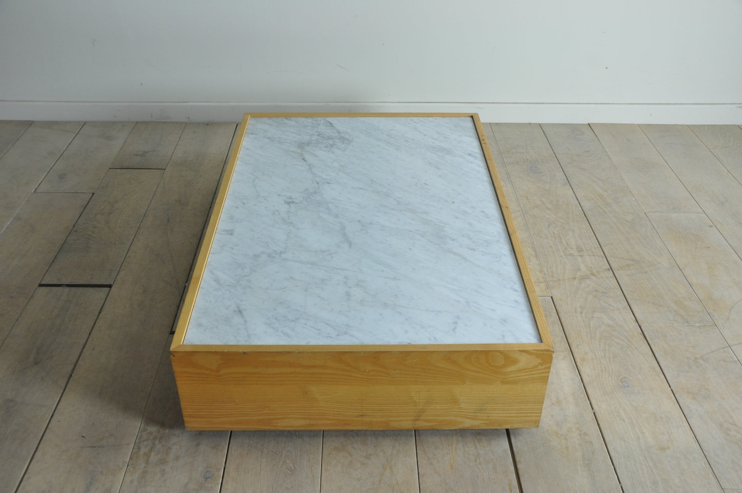 Rectangular low coffee table with Carrara marble top and pine base